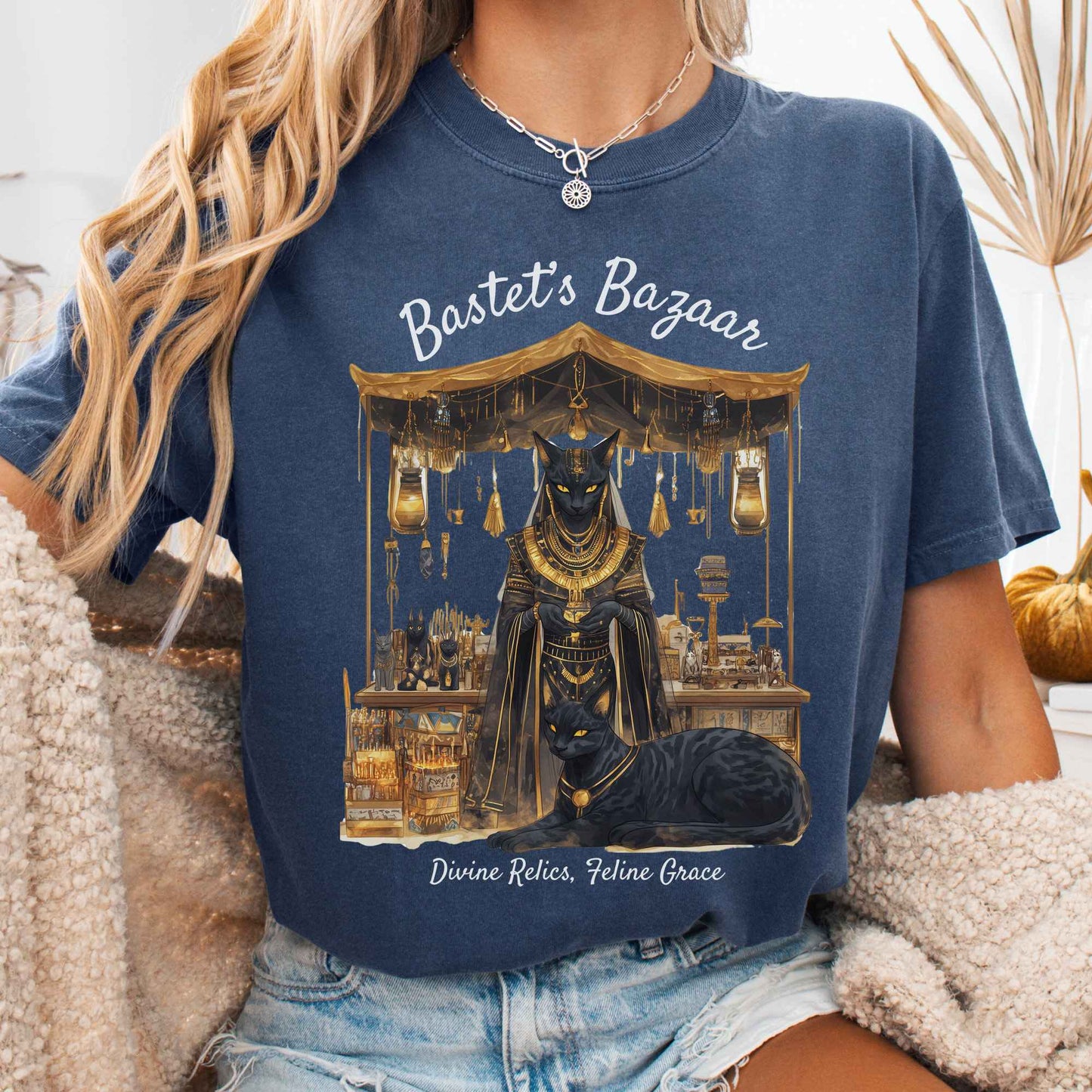 T-Shirt Denim / S Bastet's Bazaar Egyptian Goddess Shirt The Mystic Eden