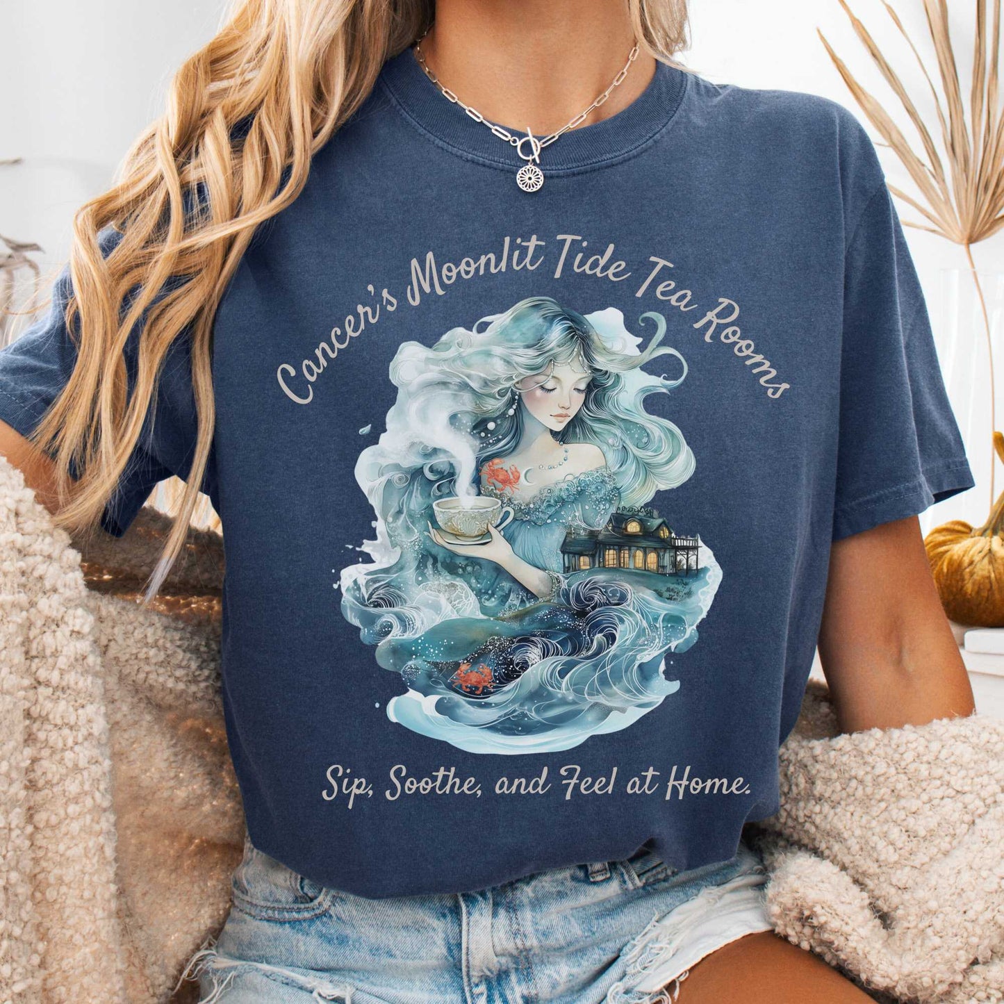 T-Shirt Denim / S Cancer's Moonlit Tide Tea Rooms Zodiac Shirt The Mystic Eden