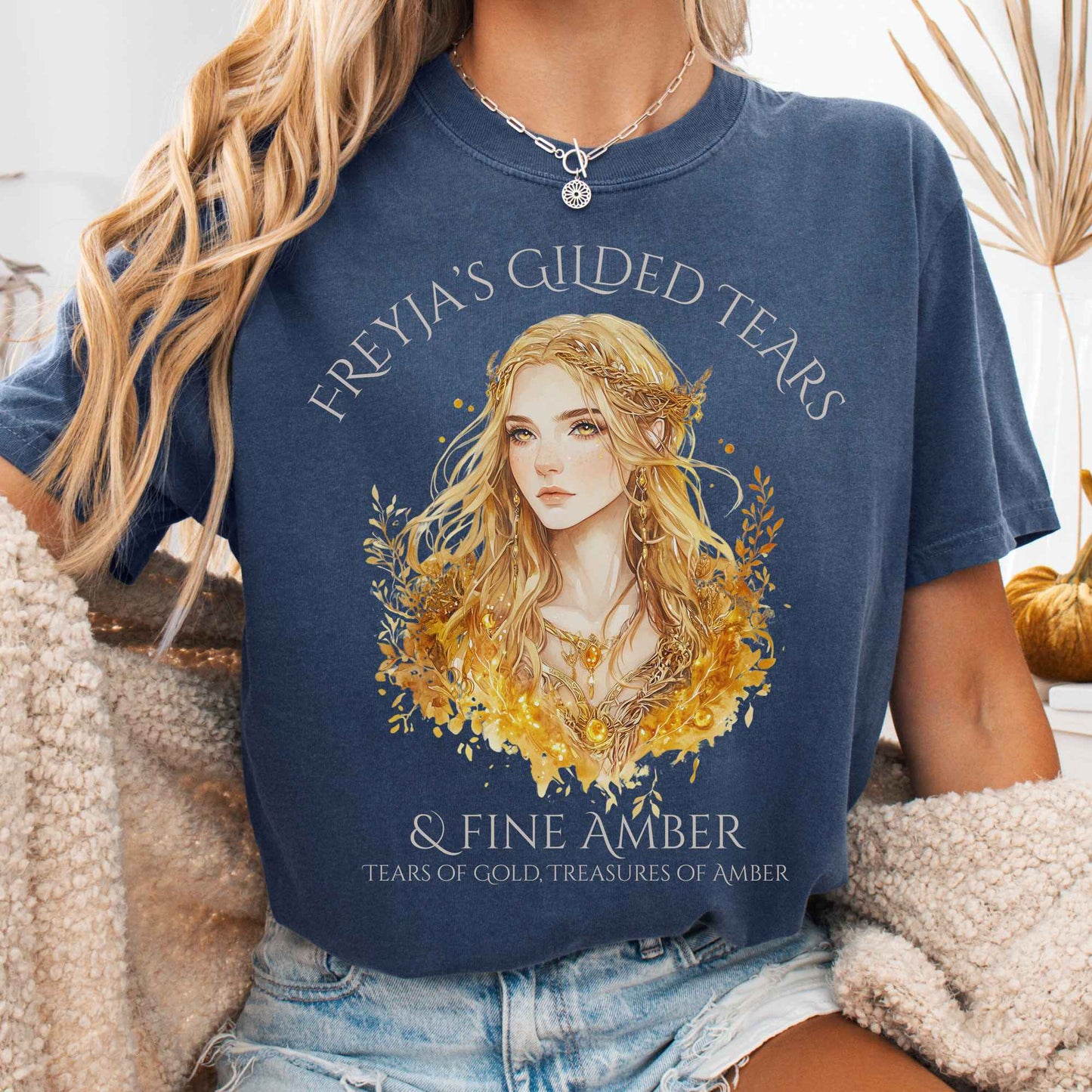 T-Shirt Denim / S Freyja's Gilded Tears & Fine Amber Goddess Shirt The Mystic Eden