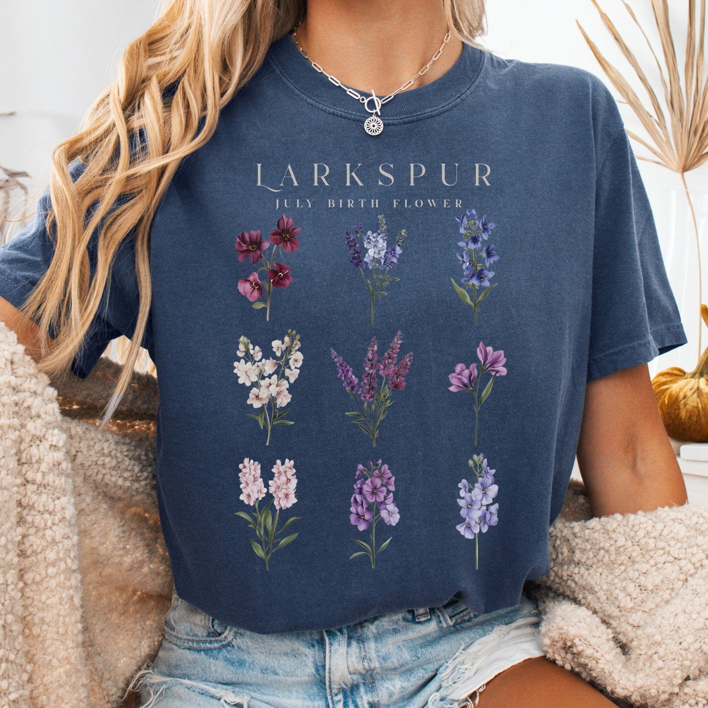 T-Shirt Denim / S Larkspur July Birth Month Flower Shirt The Mystic Eden