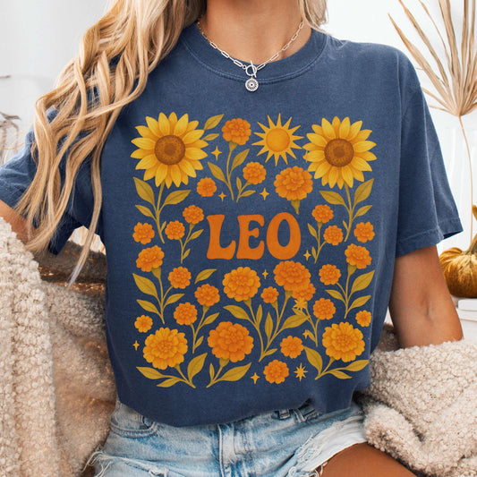 T-Shirt Denim / S Leo T-Shirt – Retro Floral Zodiac Tee The Mystic Eden