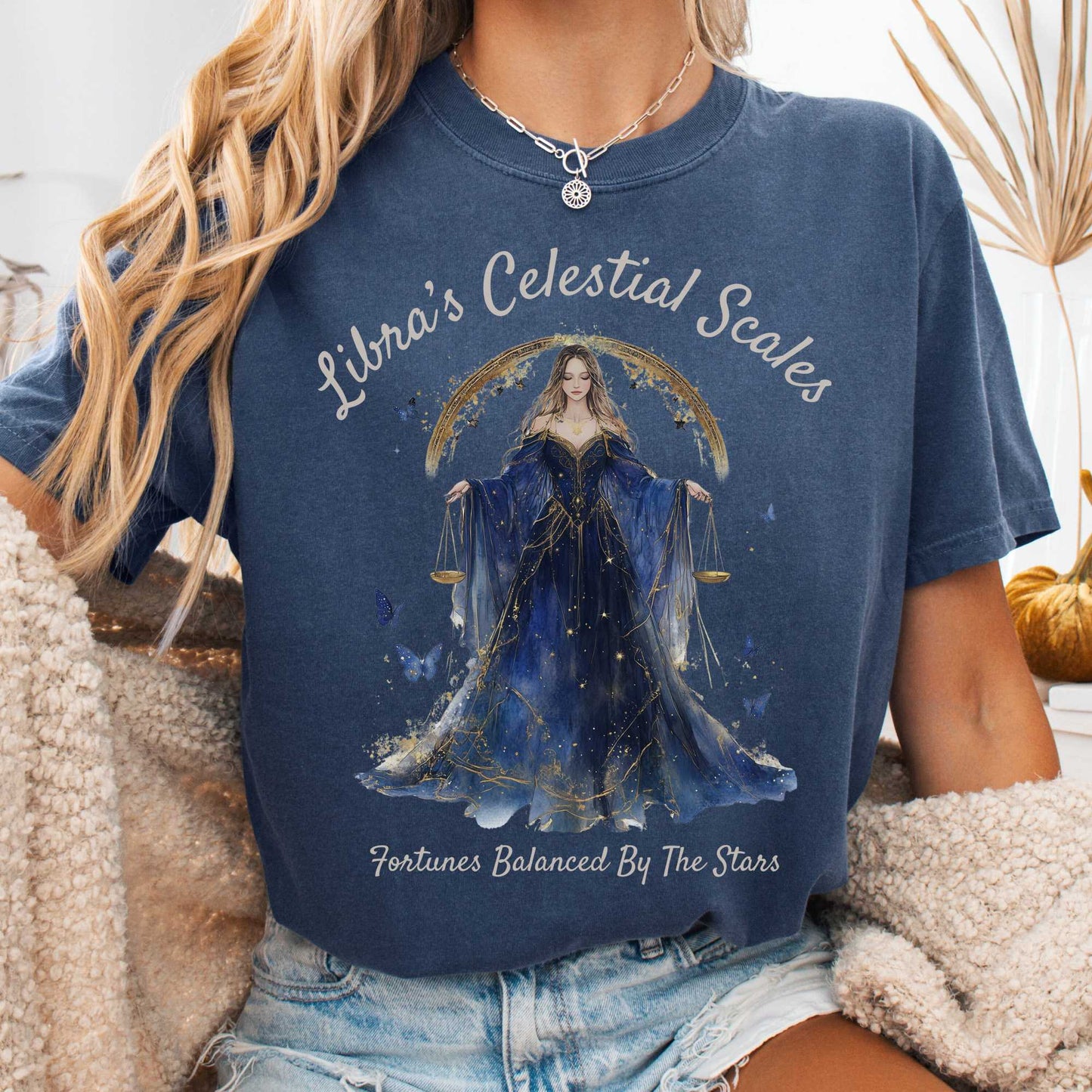 T-Shirt Denim / S Libra's Celestial Scales Zodiac Shirt The Mystic Eden