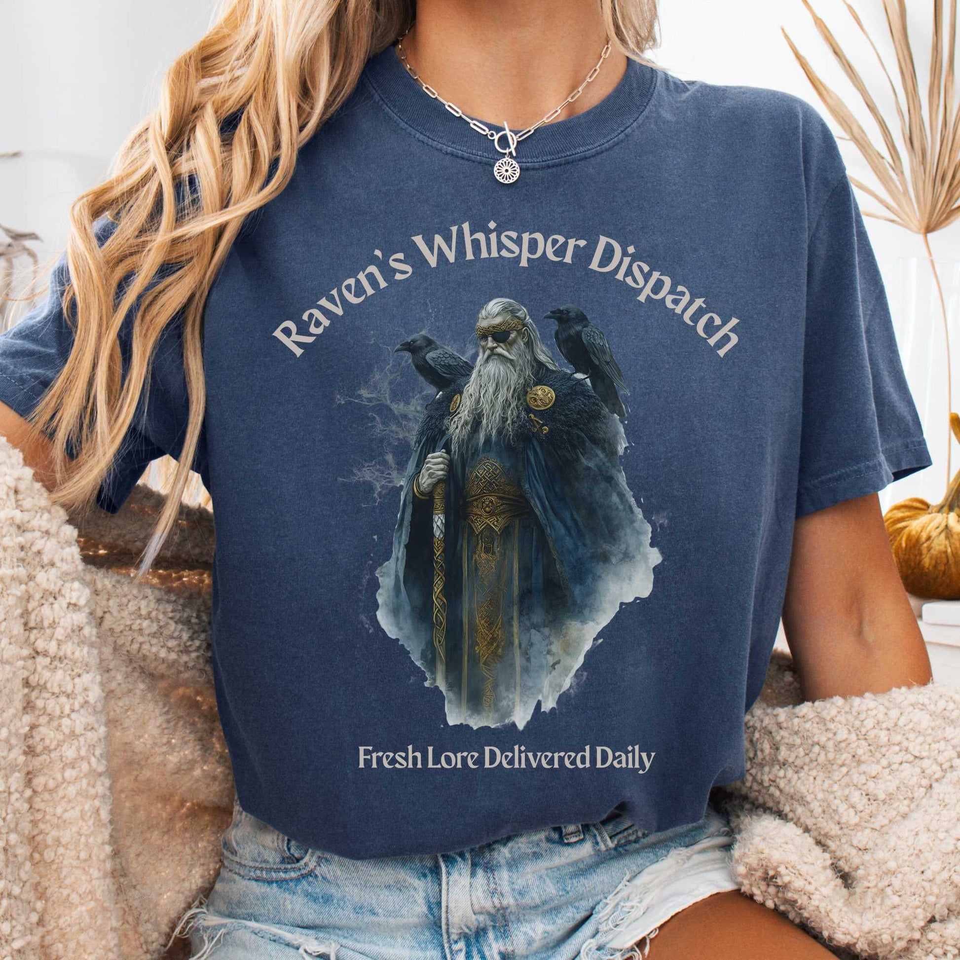 T-Shirt Denim / S Raven's Whisper Dispatch Fresh Lore Delivered Daily Norse God Shirt The Mystic Eden