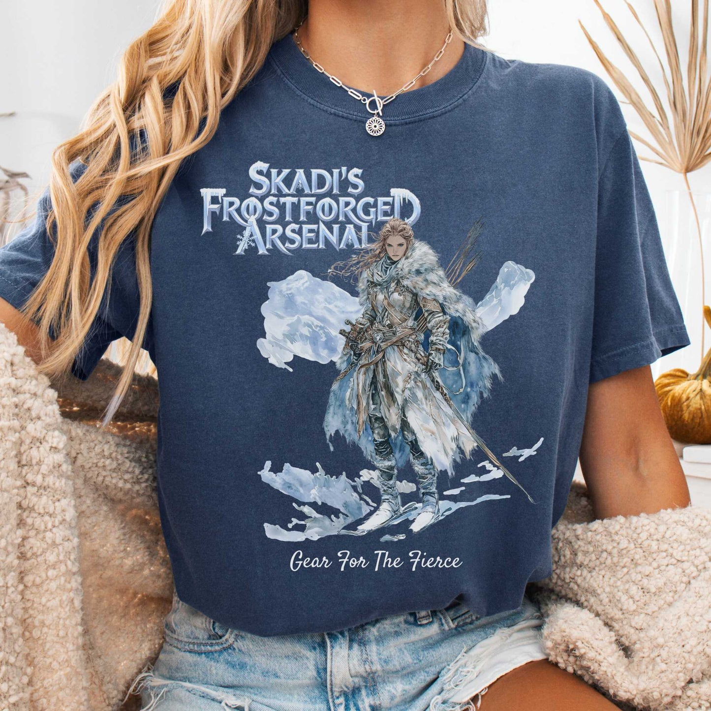 T-Shirt Denim / S Skadi's Frostforged Arsenal Norse Mythology Shirt The Mystic Eden