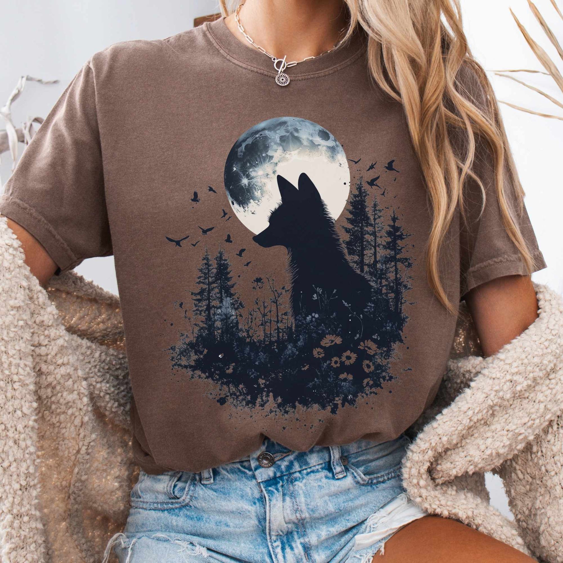T-Shirt Espresso / S Black Silhouette Moonlit Fox Shirt The Mystic Eden