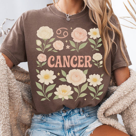T-Shirt Espresso / S Cancer T-Shirt – Retro Floral Zodiac Tee The Mystic Eden