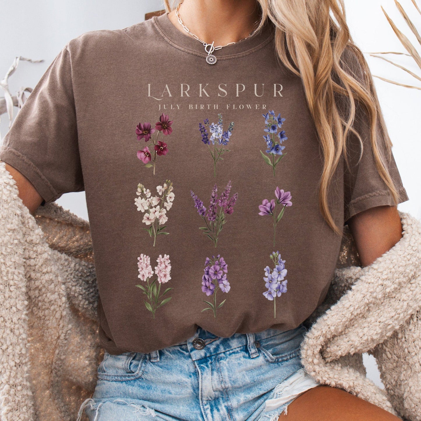 T-Shirt Espresso / S Larkspur July Birth Month Flower Shirt The Mystic Eden