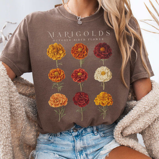 T-Shirt Espresso / S Marigolds October Birth Month Flower Shirt The Mystic Eden