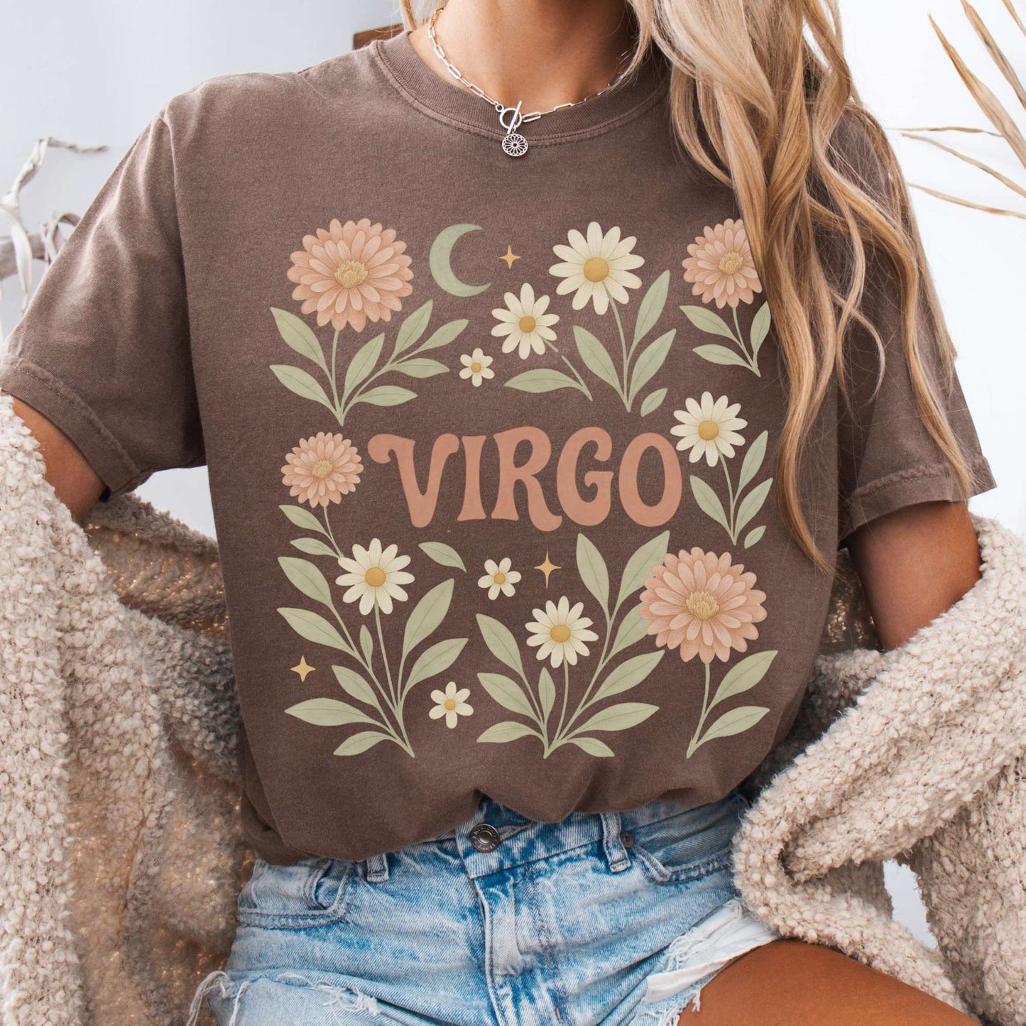 T-Shirt Espresso / S Virgo T-Shirt – Retro Floral Zodiac Tee The Mystic Eden