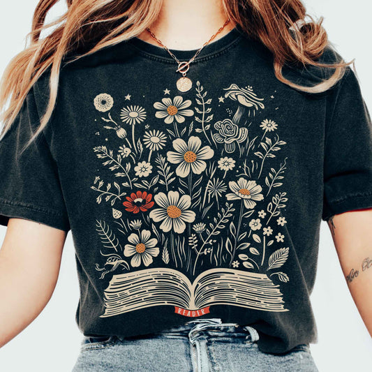 T-Shirt Floral Book Reader Tee The Mystic Eden