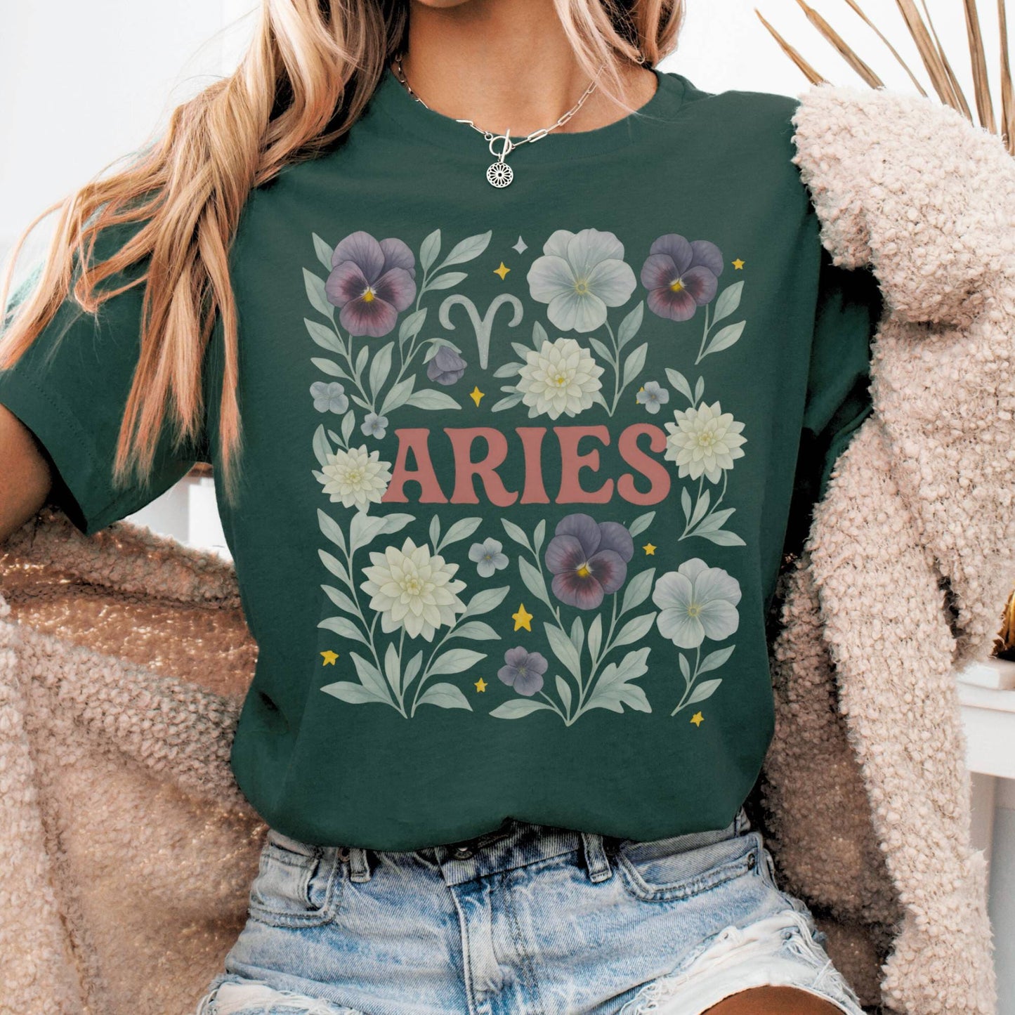 T-Shirt Forest / S Aries Bella T-Shirt – Retro Floral Zodiac Tee The Mystic Eden