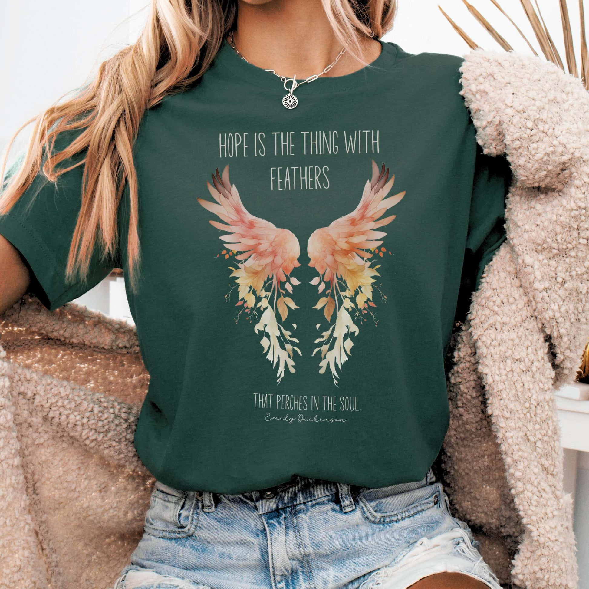 T-Shirt Forest / S Hope is the Thing With Feathers Bella + Canvas Tee – Literary Wings Tee The Mystic Eden