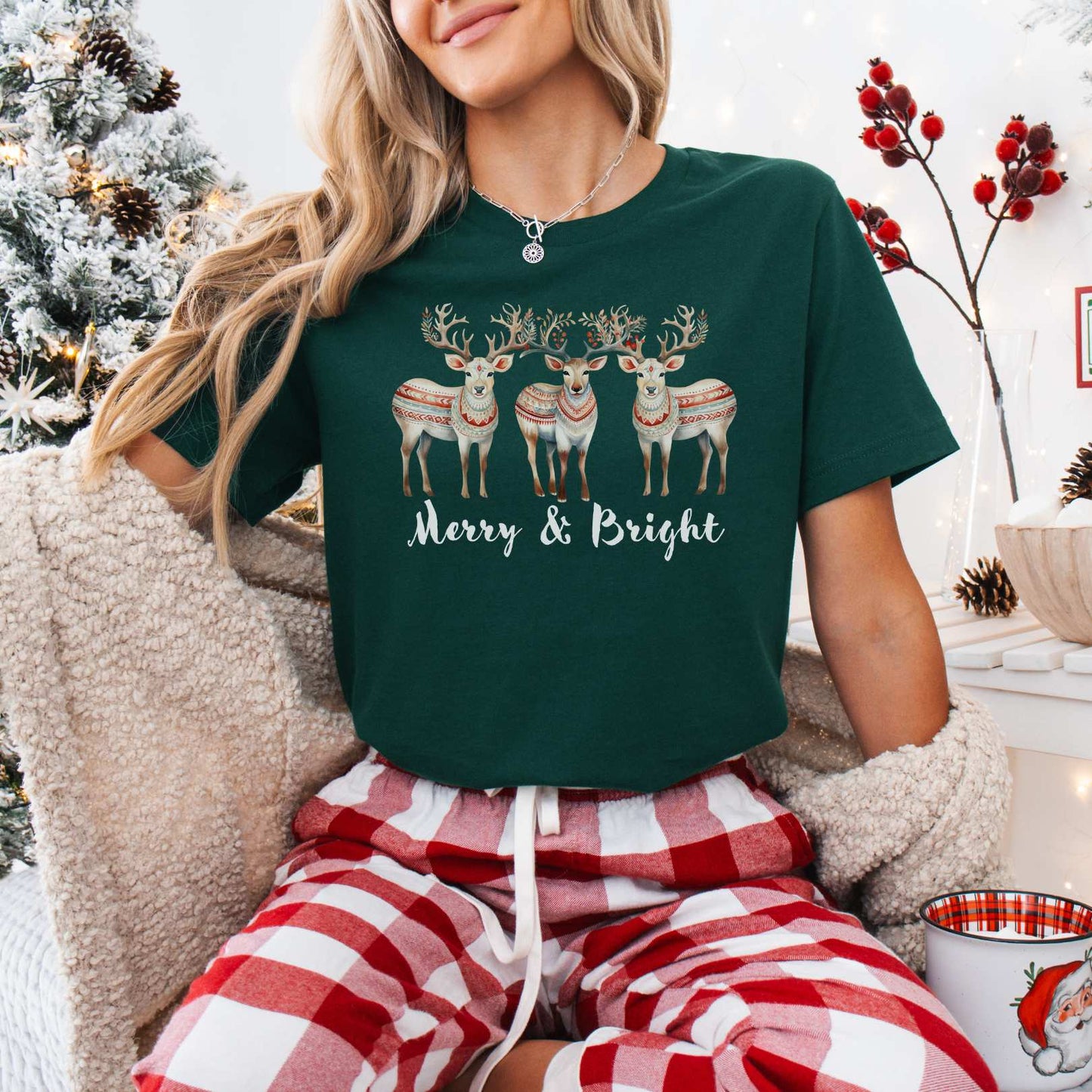 T-Shirt Forest / XS Merry and Bright Reindeer Christmas Tee The Mystic Eden
