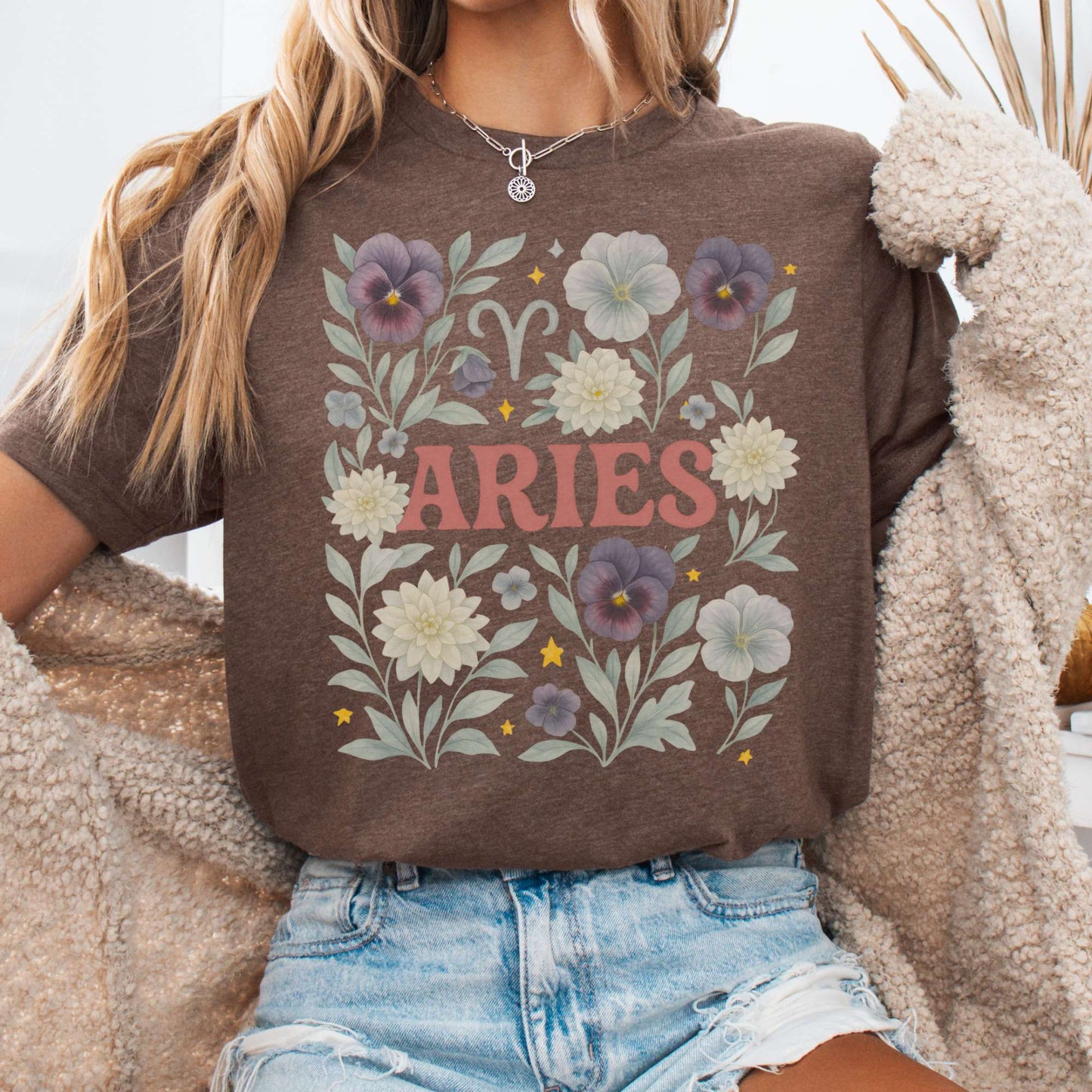 T-Shirt Heather Brown / S Aries Bella T-Shirt – Retro Floral Zodiac Tee The Mystic Eden