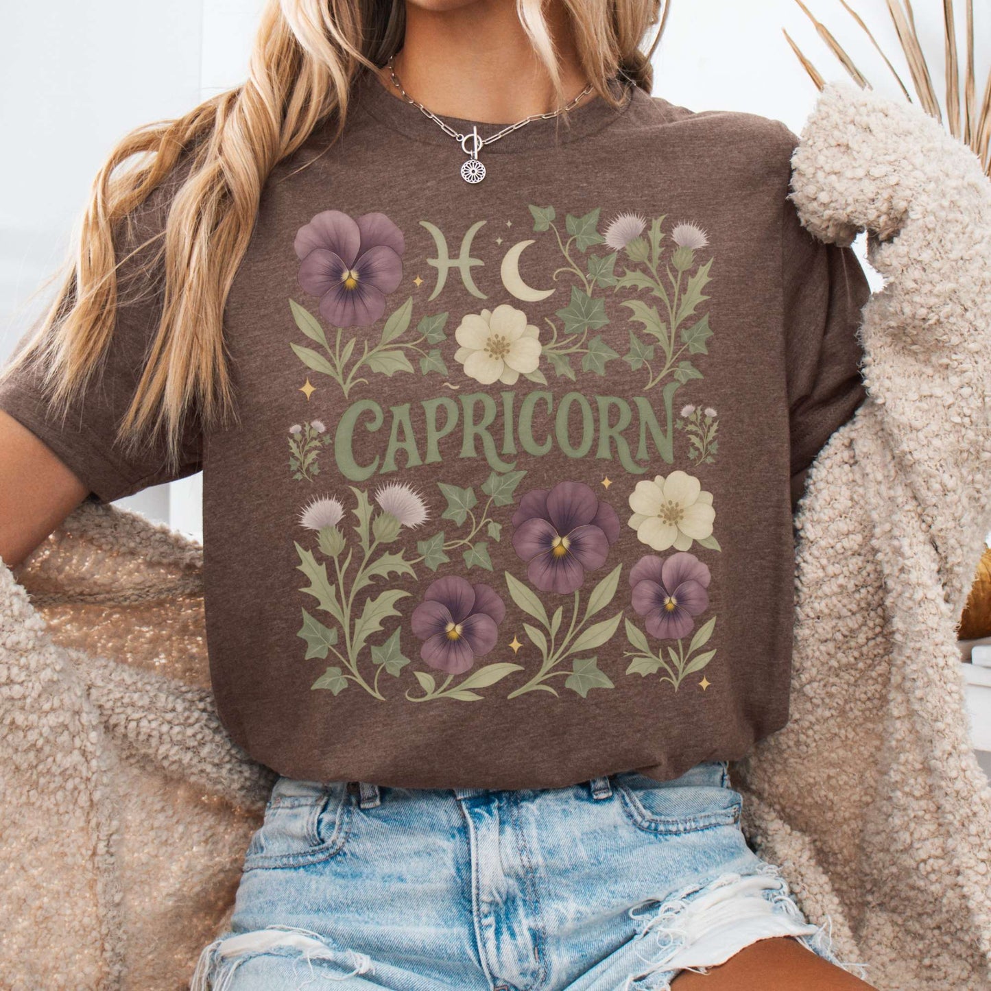 T-Shirt Heather Brown / S Capricorn Bella T-Shirt – Retro Floral Zodiac Tee The Mystic Eden