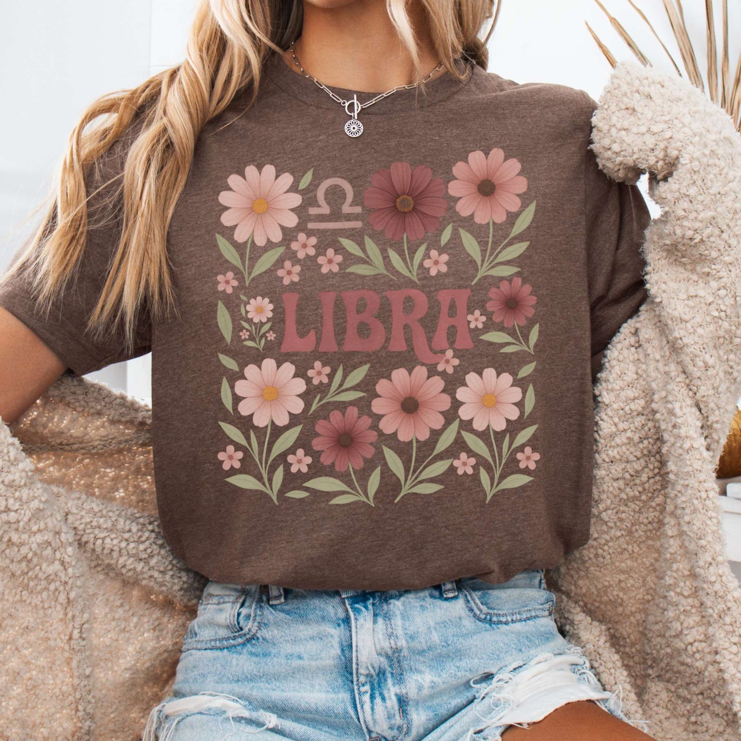 T-Shirt Heather Brown / S Libra Bella T-Shirt β Retro Floral Zodiac Tee The Mystic Eden