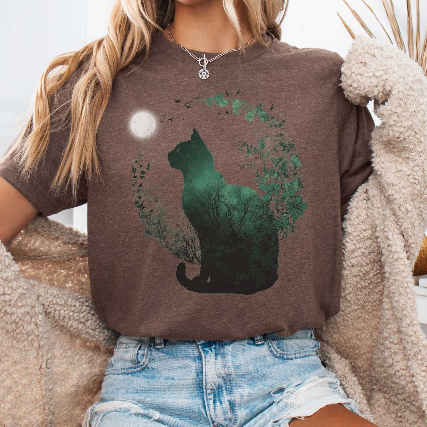 T-Shirt Heather Brown / S Midnight Cat in the Forest Bella + Canvas Tee – Forestcore Cat Shirt The Mystic Eden