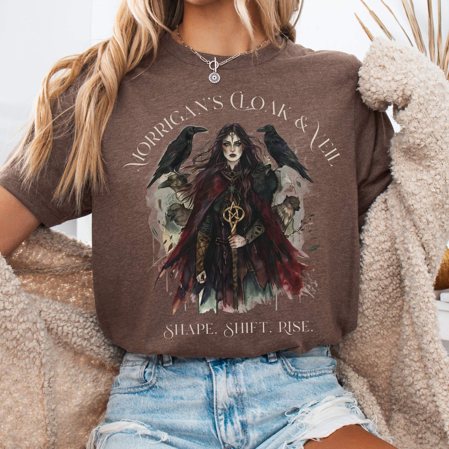 T-Shirt Heather Brown / S Morrigan's Cloak & Veil Bella + Canvas Tee – Celtic Goddess Tee The Mystic Eden