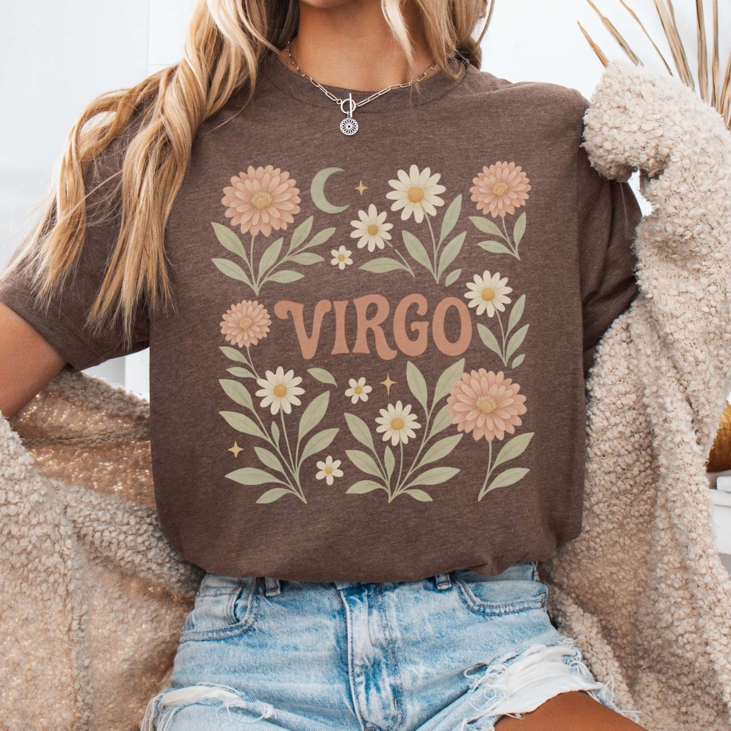 T-Shirt Heather Brown / S Virgo Bella T-Shirt – Retro Floral Zodiac Tee The Mystic Eden