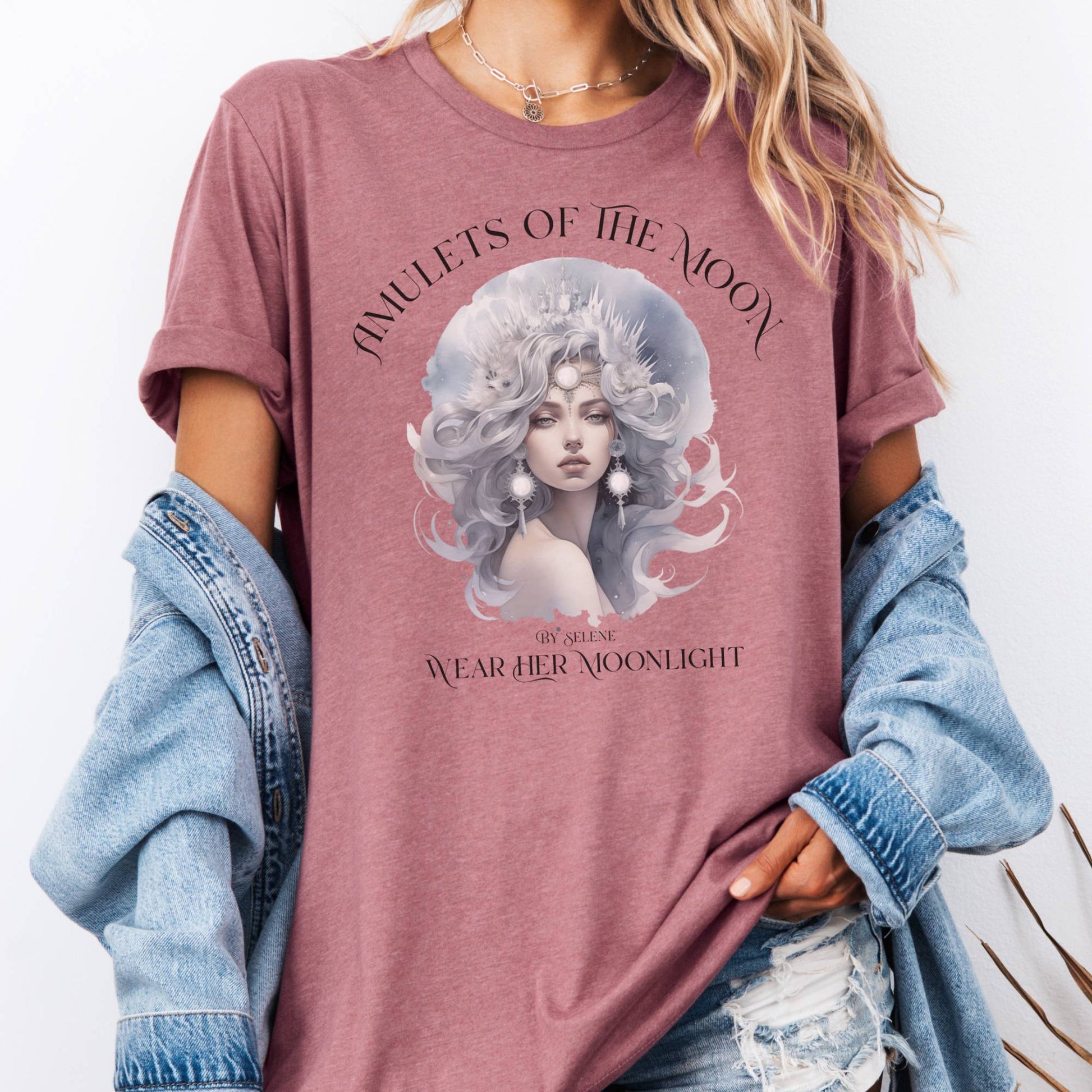 T-Shirt Heather Mauve / S Amulets of the Moon Bella + Canvas Tee – Celestial Goddess Tee The Mystic Eden
