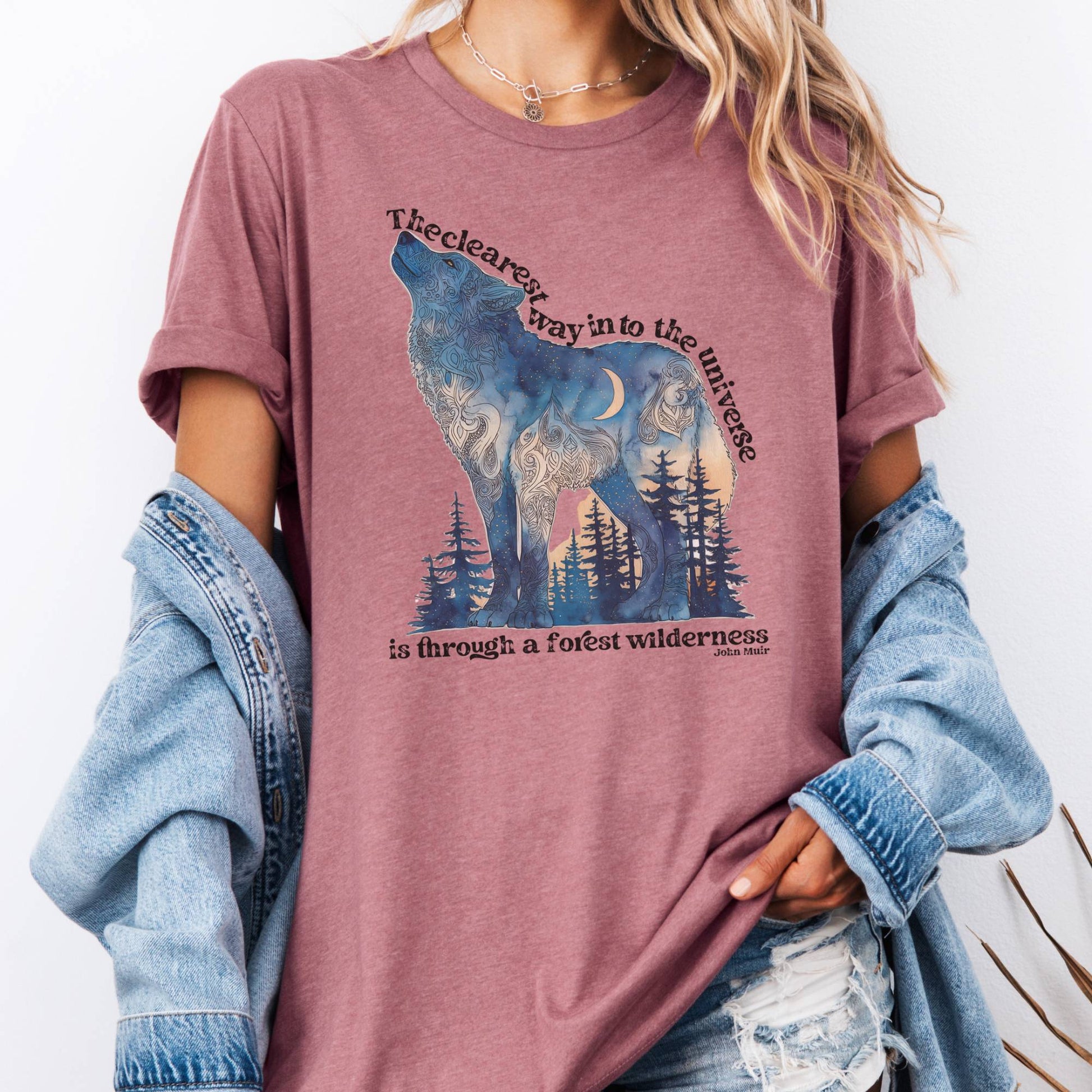 T-Shirt Heather Mauve / S Forest Wilderness Wolf Bella + Canvas Tee – Nature Quote Tee The Mystic Eden