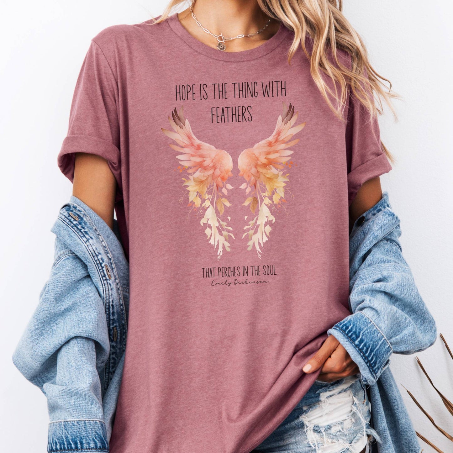 T-Shirt Heather Mauve / S Hope is the Thing With Feathers Bella + Canvas Tee – Literary Wings Tee The Mystic Eden