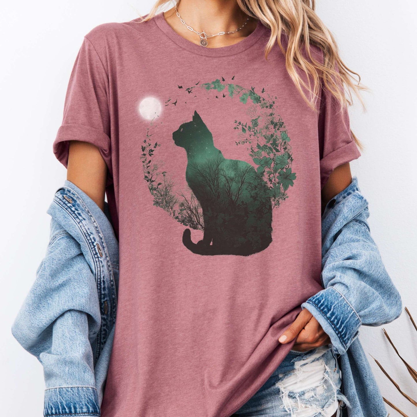 T-Shirt Heather Mauve / S Midnight Cat in the Forest Bella + Canvas Tee – Forestcore Cat Shirt The Mystic Eden