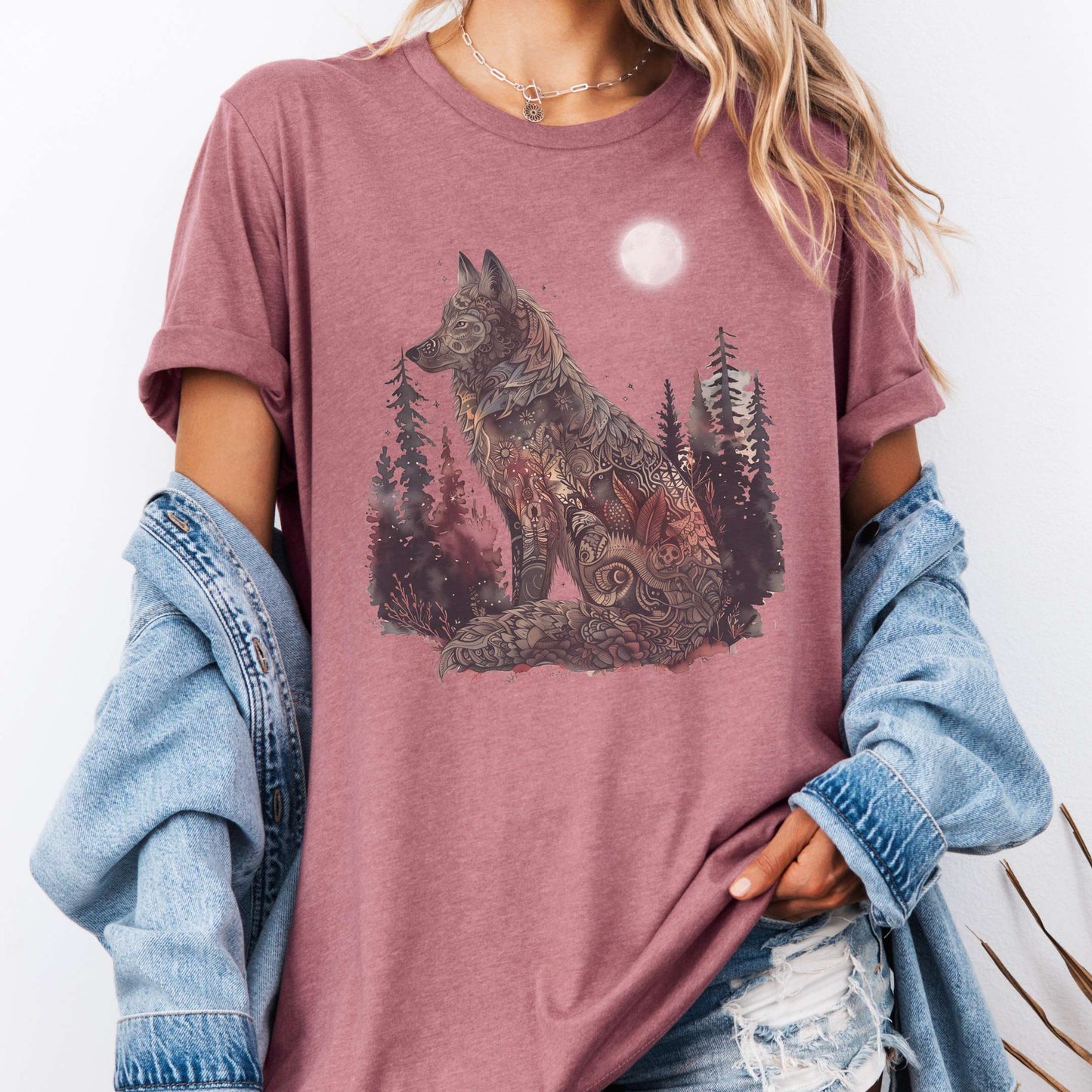 T-Shirt Heather Mauve / S Nightfall Wolf Bella + Canvas Tee β Mystical Forestcore Tee The Mystic Eden