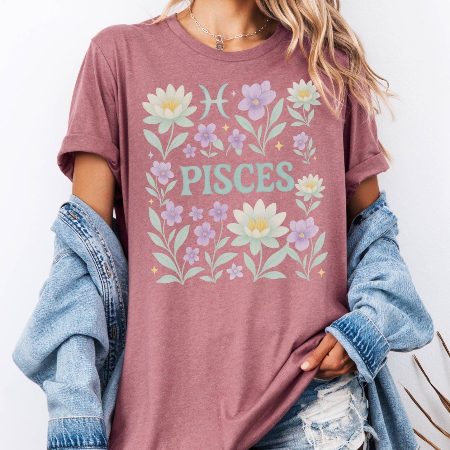 T-Shirt Heather Mauve / S Pisces Bella T-Shirt – Retro Floral Zodiac Tee The Mystic Eden