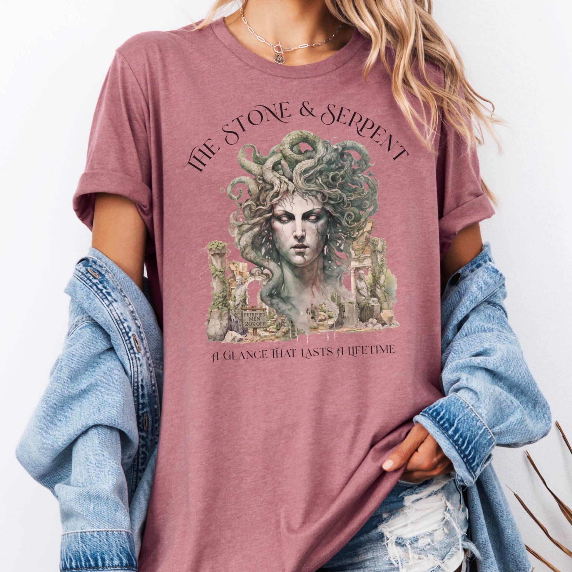 T-Shirt Heather Mauve / S The Stone & Serpent Bella + Canvas Tee – Medusa Mythology Tee The Mystic Eden