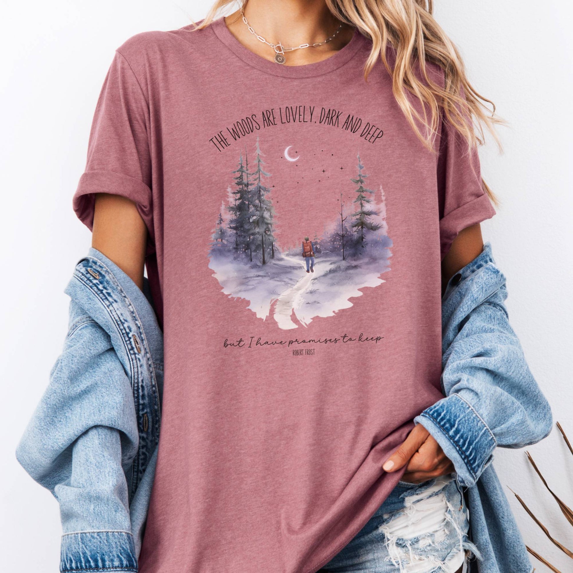 T-Shirt Heather Mauve / S The Woods Are Lovely Bella + Canvas Tee – Winter Poetry Tee The Mystic Eden