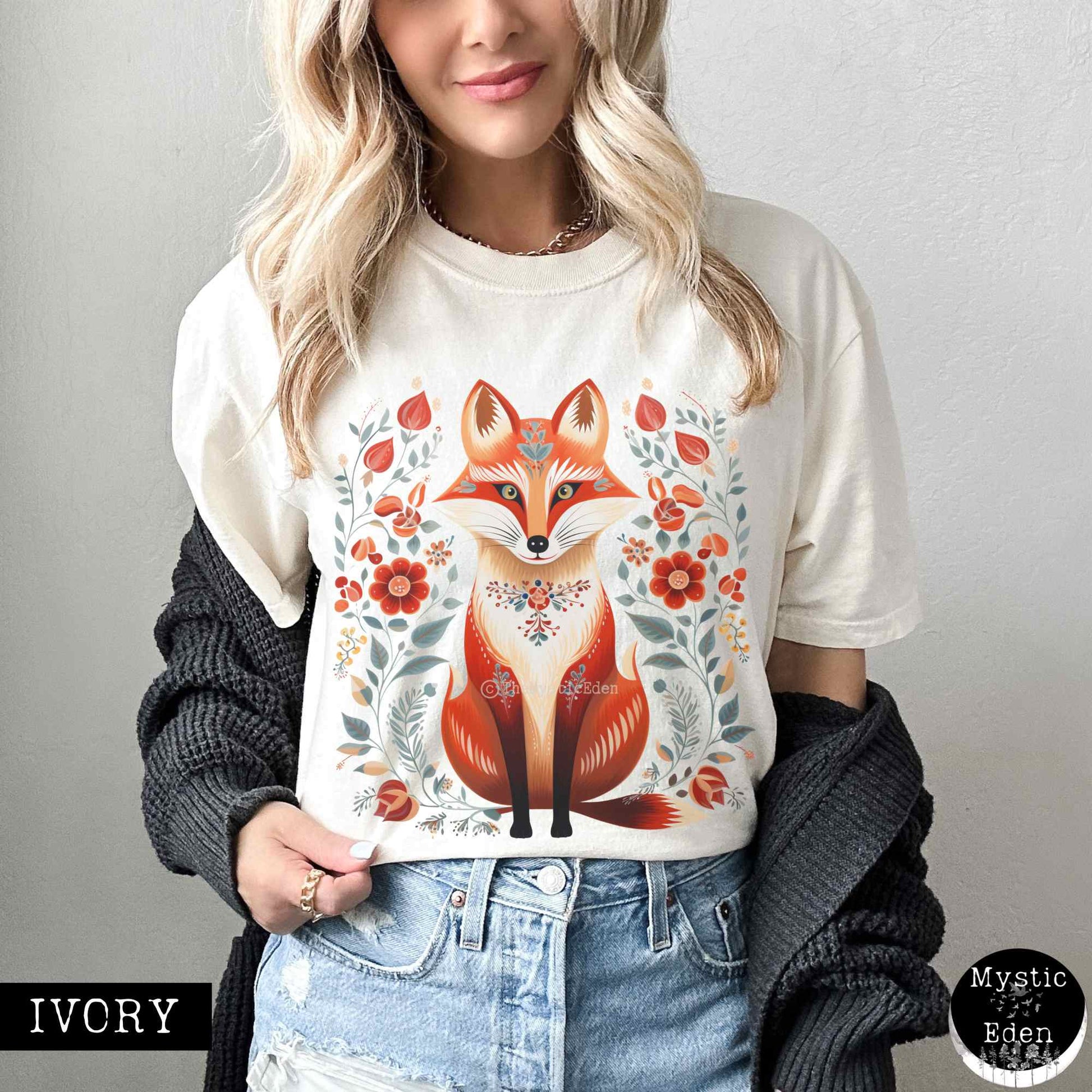T-Shirt Ivory / S Whimsical Scandinavian Folk Art Fox Shirt The Mystic Eden