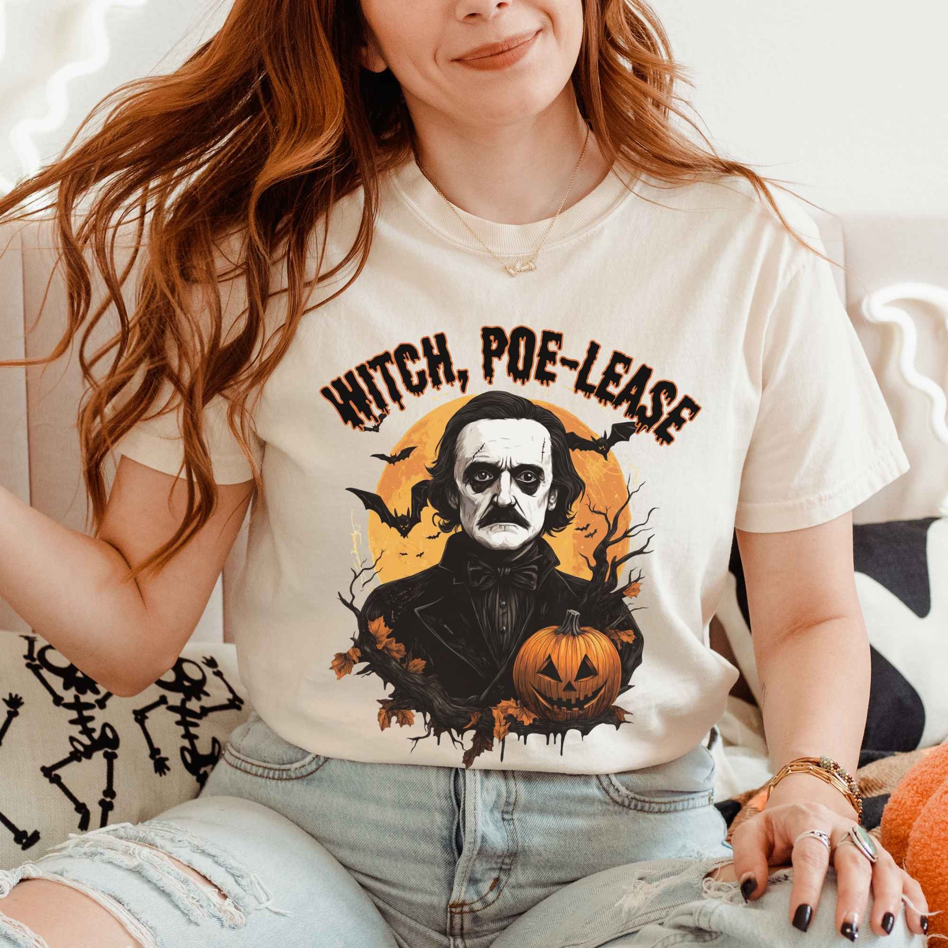 T-Shirt Ivory / S Witch Poe-lease Edgar Allan Poe Halloween Shirt The Mystic Eden