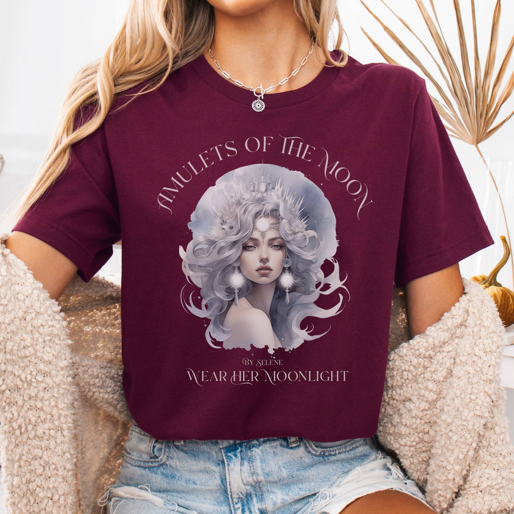 T-Shirt Maroon / S Amulets of the Moon Bella + Canvas Tee – Celestial Goddess Tee The Mystic Eden