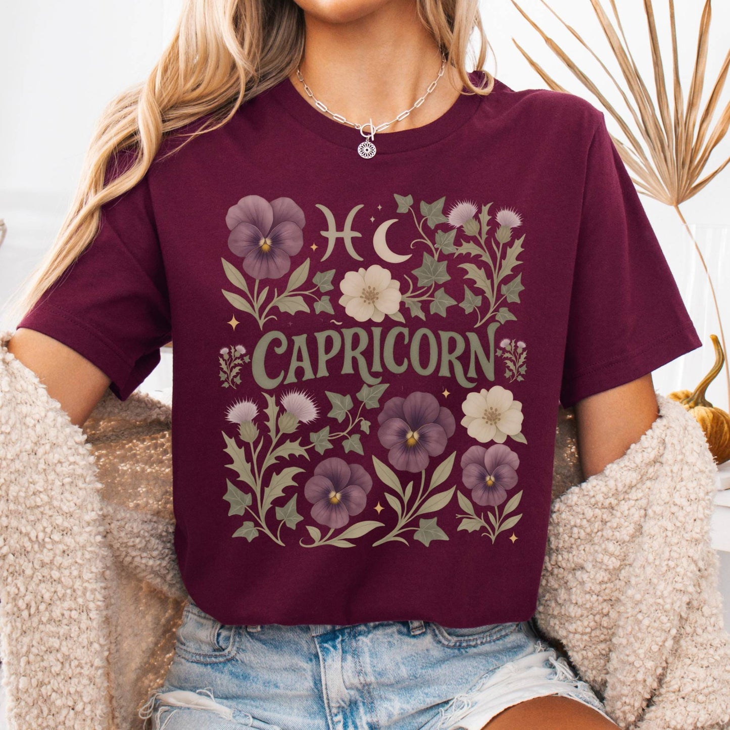 T-Shirt Maroon / S Capricorn Bella T-Shirt – Retro Floral Zodiac Tee The Mystic Eden