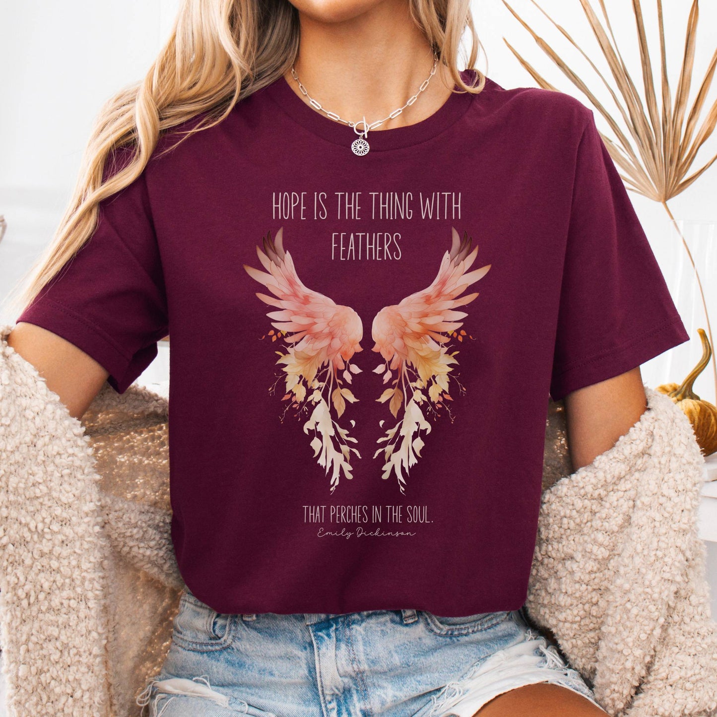 T-Shirt Maroon / S Hope is the Thing With Feathers Bella + Canvas Tee – Literary Wings Tee The Mystic Eden