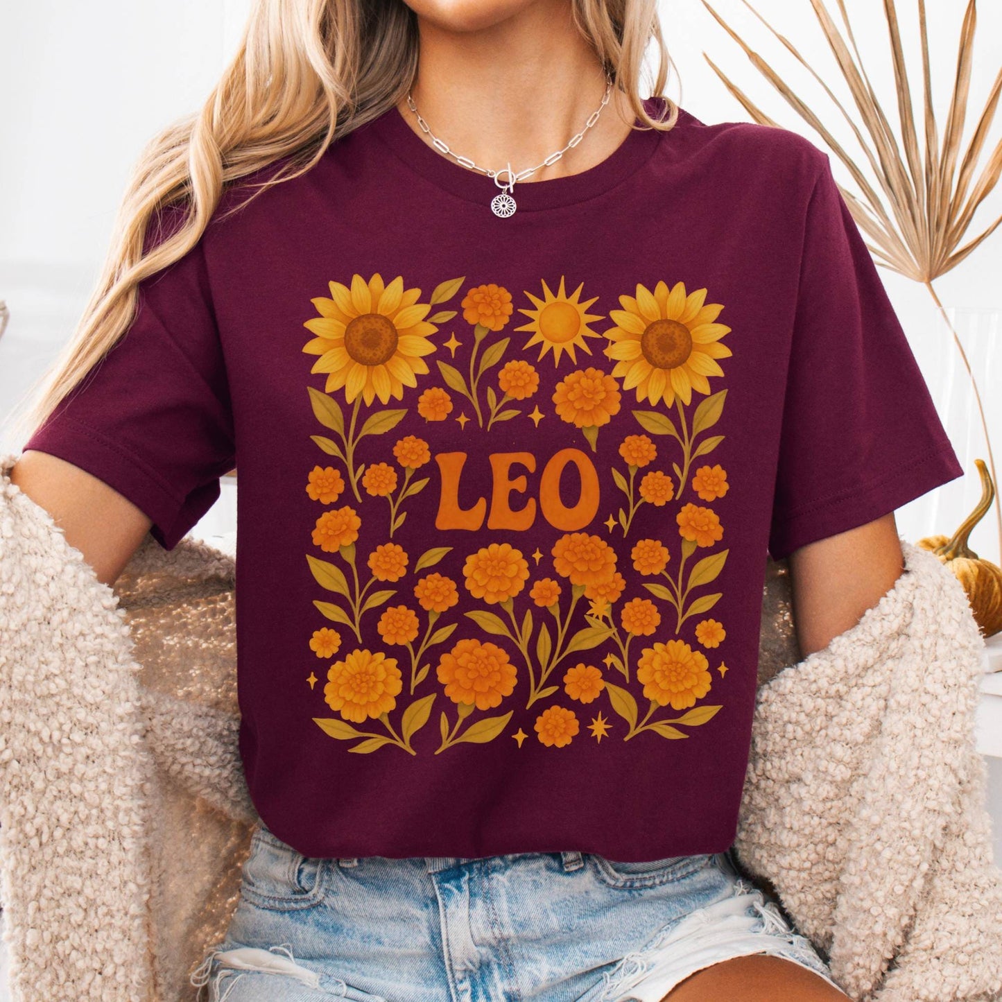 T-Shirt Maroon / S Leo Bella T-Shirt – Retro Floral Zodiac Tee The Mystic Eden