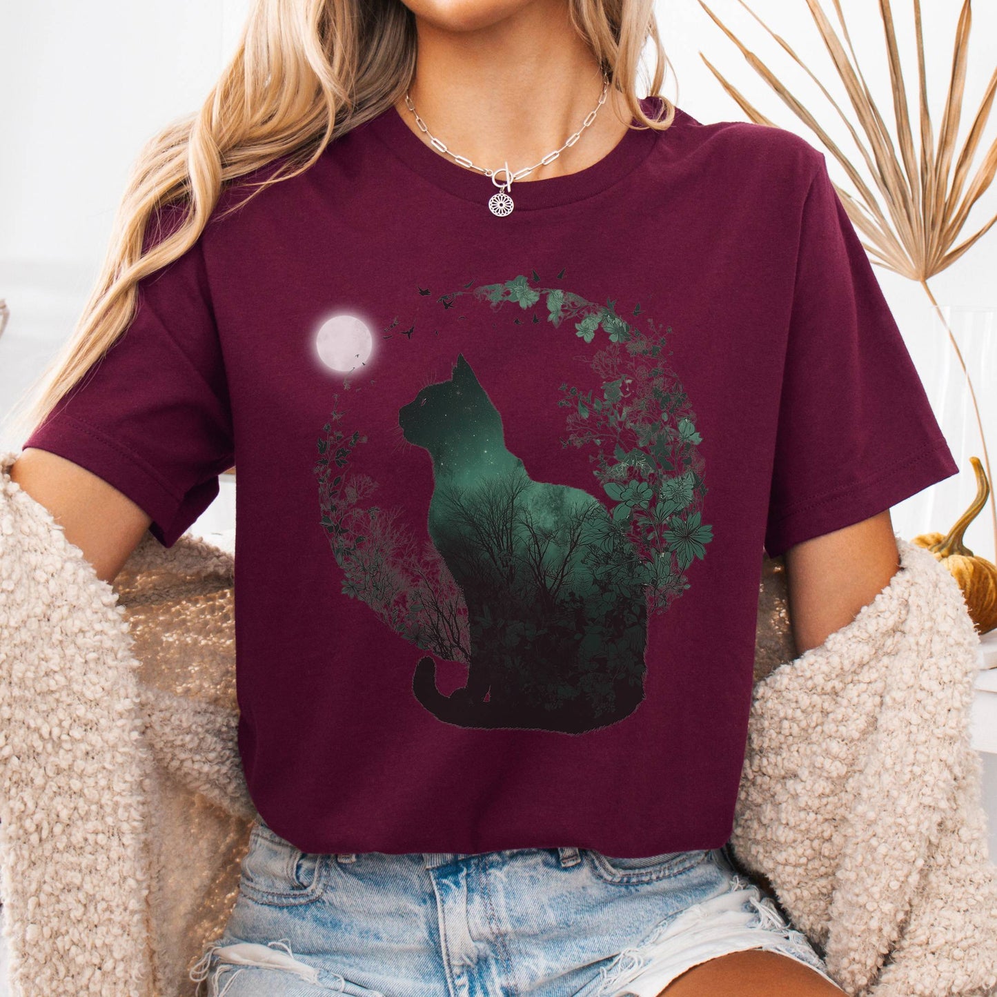 T-Shirt Maroon / S Midnight Cat in the Forest Bella + Canvas Tee – Forestcore Cat Shirt The Mystic Eden