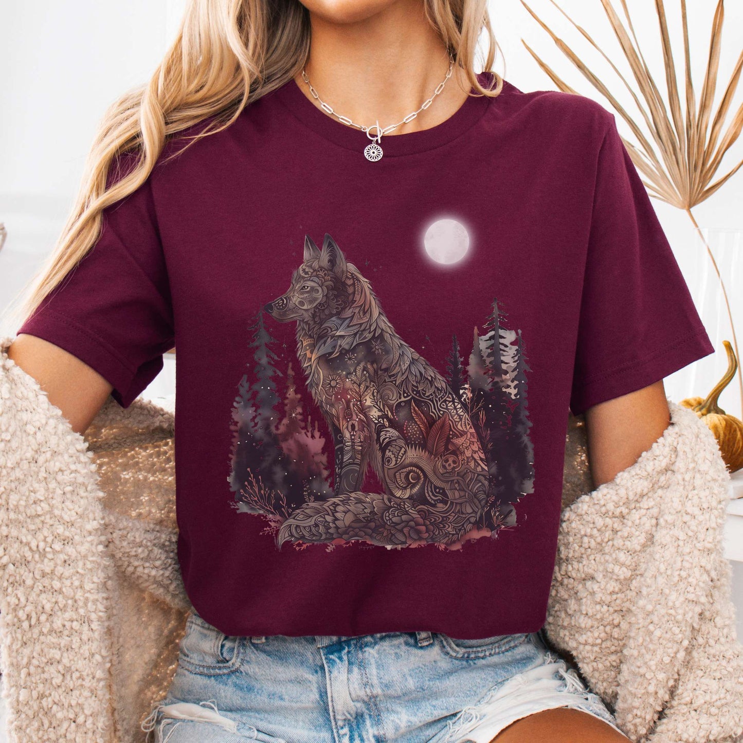 T-Shirt Maroon / S Nightfall Wolf Bella + Canvas Tee β Mystical Forestcore Tee The Mystic Eden