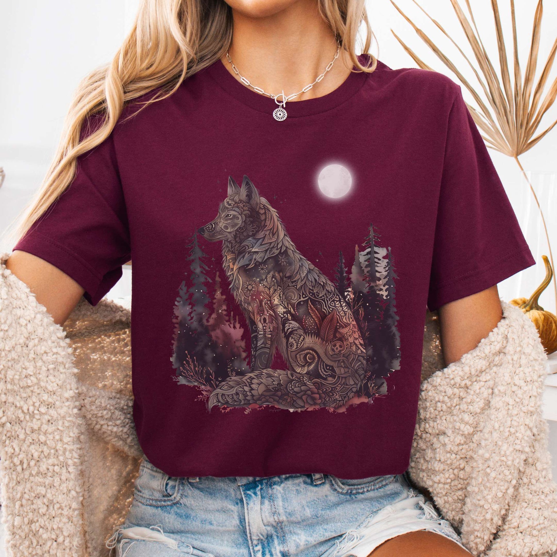 T-Shirt Maroon / S Nightfall Wolf Bella + Canvas Tee – Mystical Forestcore Tee The Mystic Eden