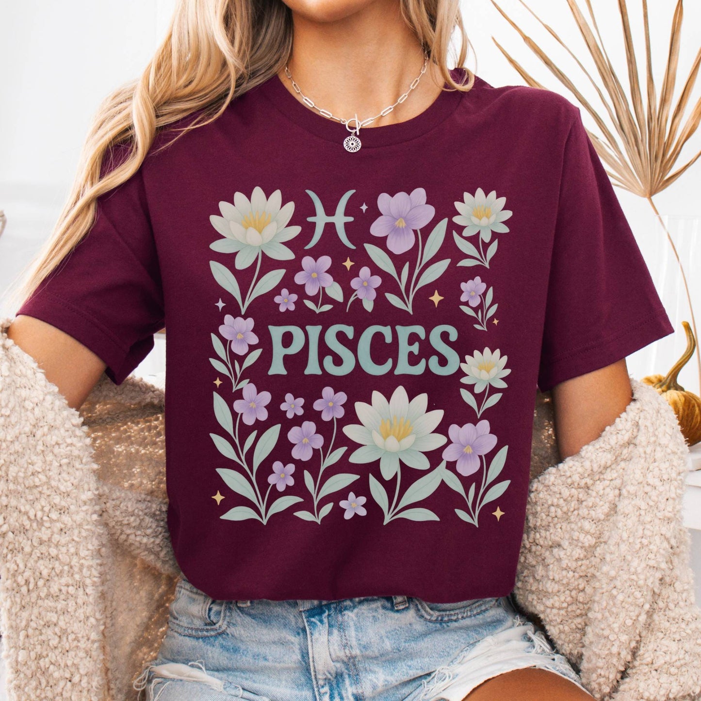T-Shirt Maroon / S Pisces Bella T-Shirt – Retro Floral Zodiac Tee The Mystic Eden