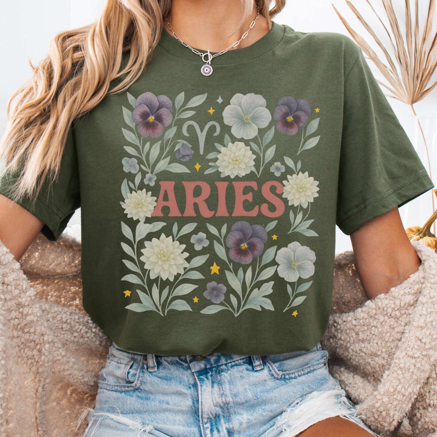 T-Shirt Military Green / S Aries Bella T-Shirt – Retro Floral Zodiac Tee The Mystic Eden