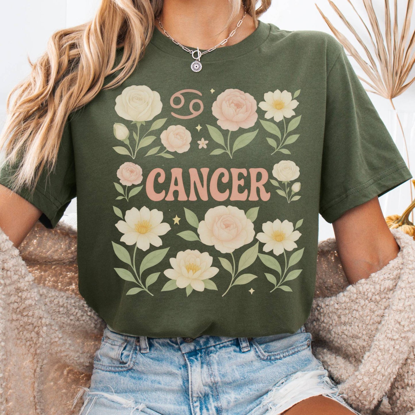 T-Shirt Military Green / S Cancer BellaT-Shirt – Retro Floral Zodiac Tee The Mystic Eden