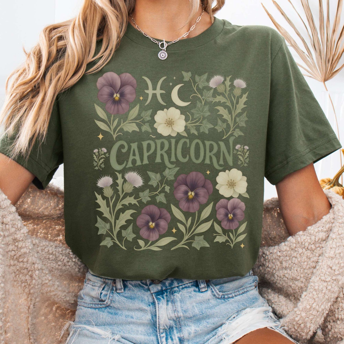 T-Shirt Military Green / S Capricorn Bella T-Shirt – Retro Floral Zodiac Tee The Mystic Eden