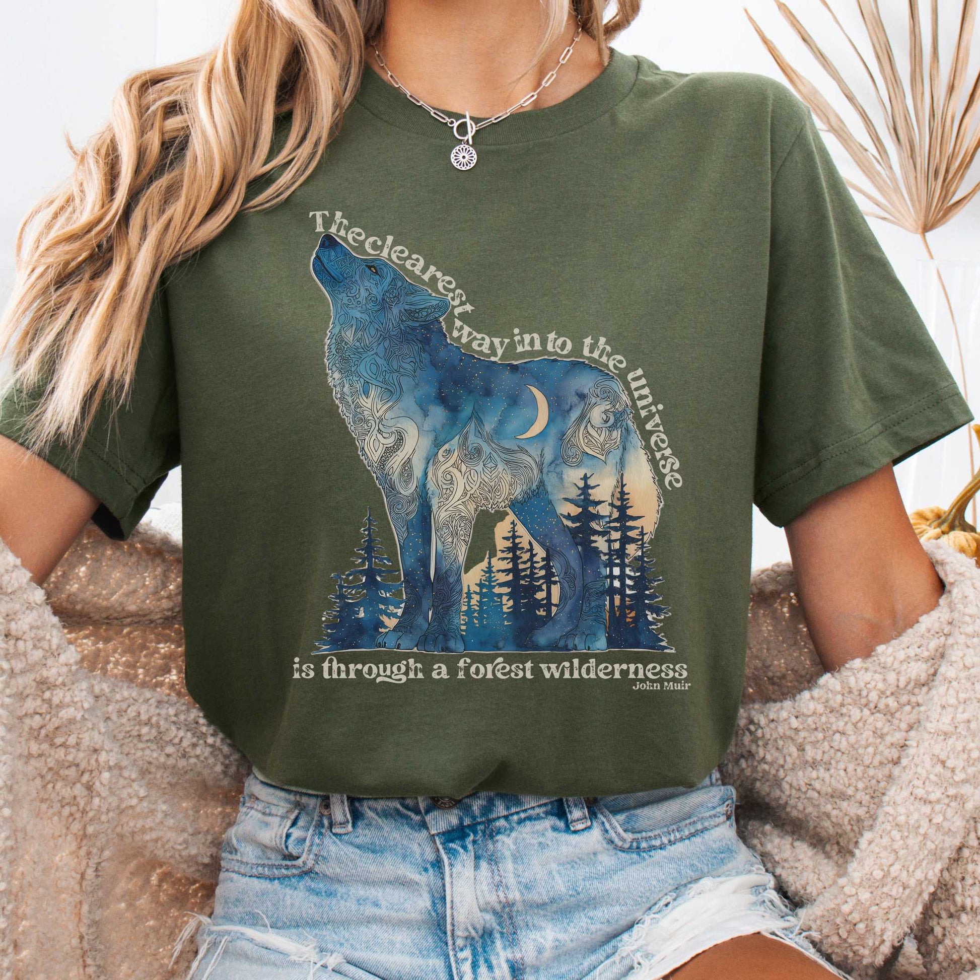 T-Shirt Military Green / S Forest Wilderness Wolf Bella + Canvas Tee – Nature Quote Tee The Mystic Eden