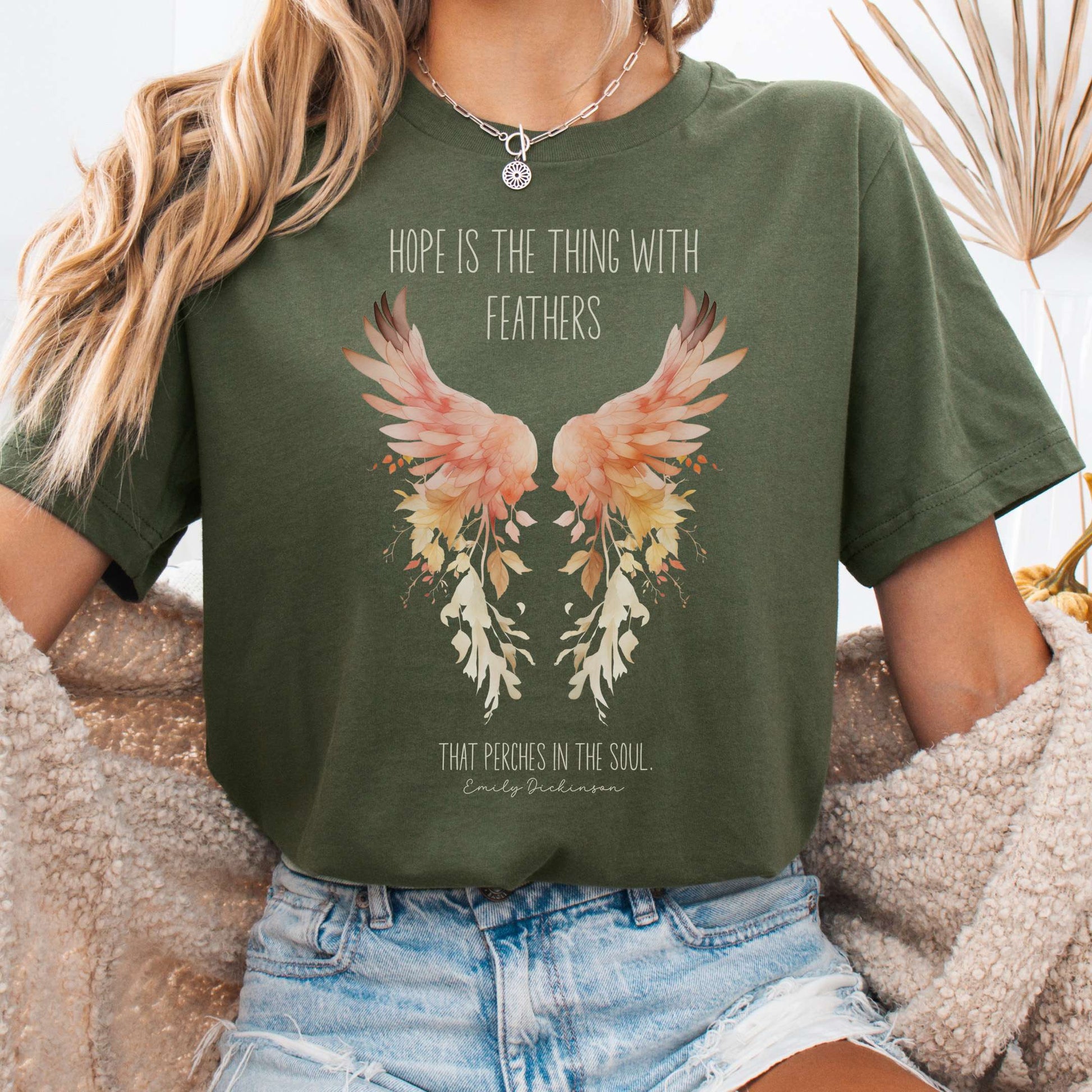 T-Shirt Military Green / S Hope is the Thing With Feathers Bella + Canvas Tee – Literary Wings Tee The Mystic Eden