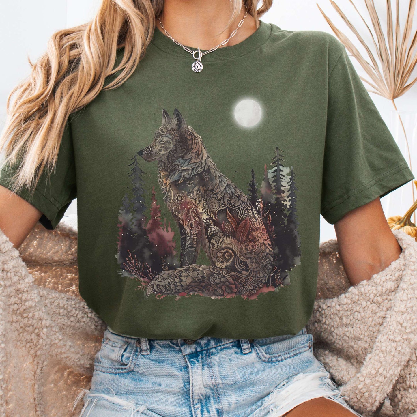 T-Shirt Military Green / S Nightfall Wolf Bella + Canvas Tee β Mystical Forestcore Tee The Mystic Eden