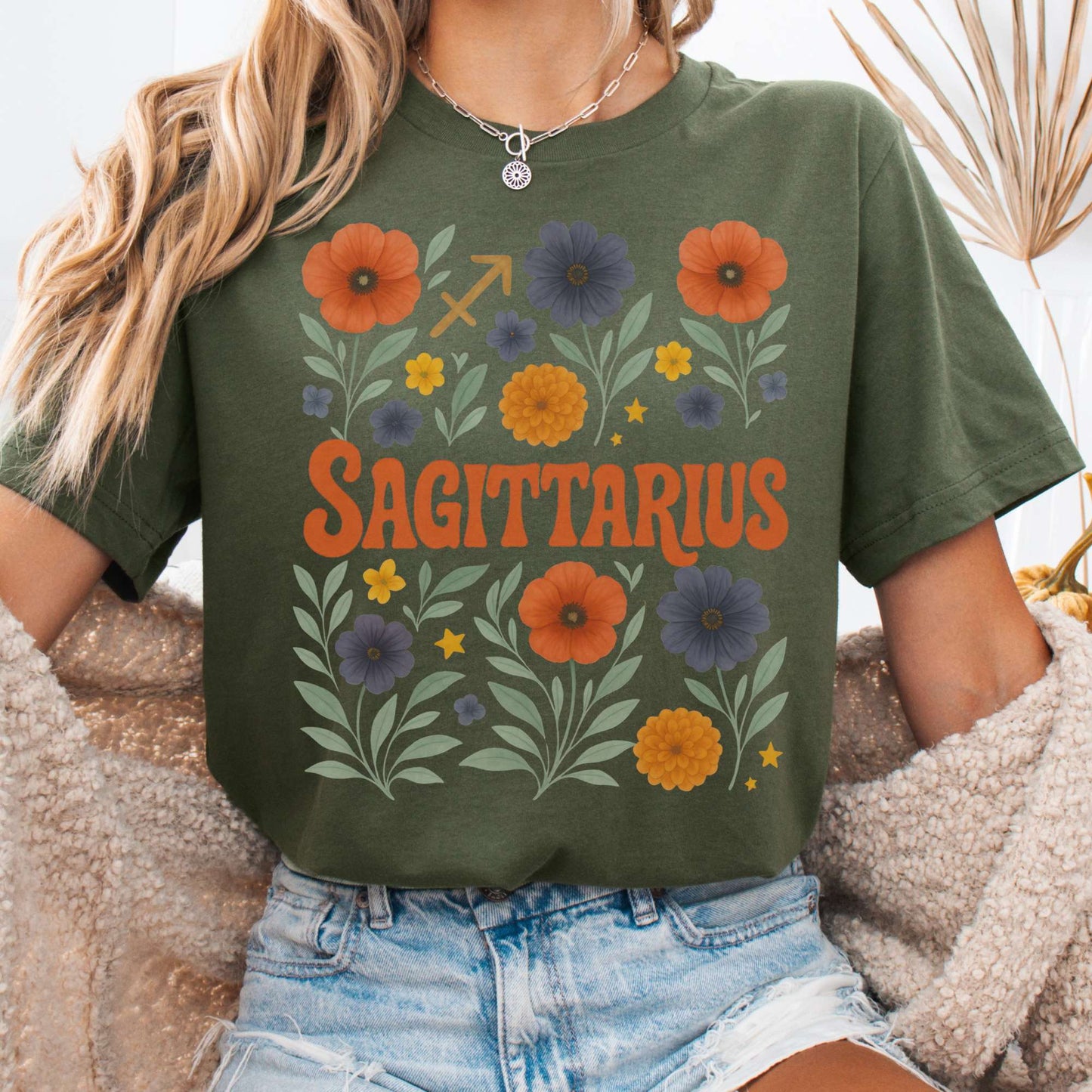 T-Shirt Military Green / S Sagittarius Bella T-Shirt – Retro Floral Zodiac Tee The Mystic Eden