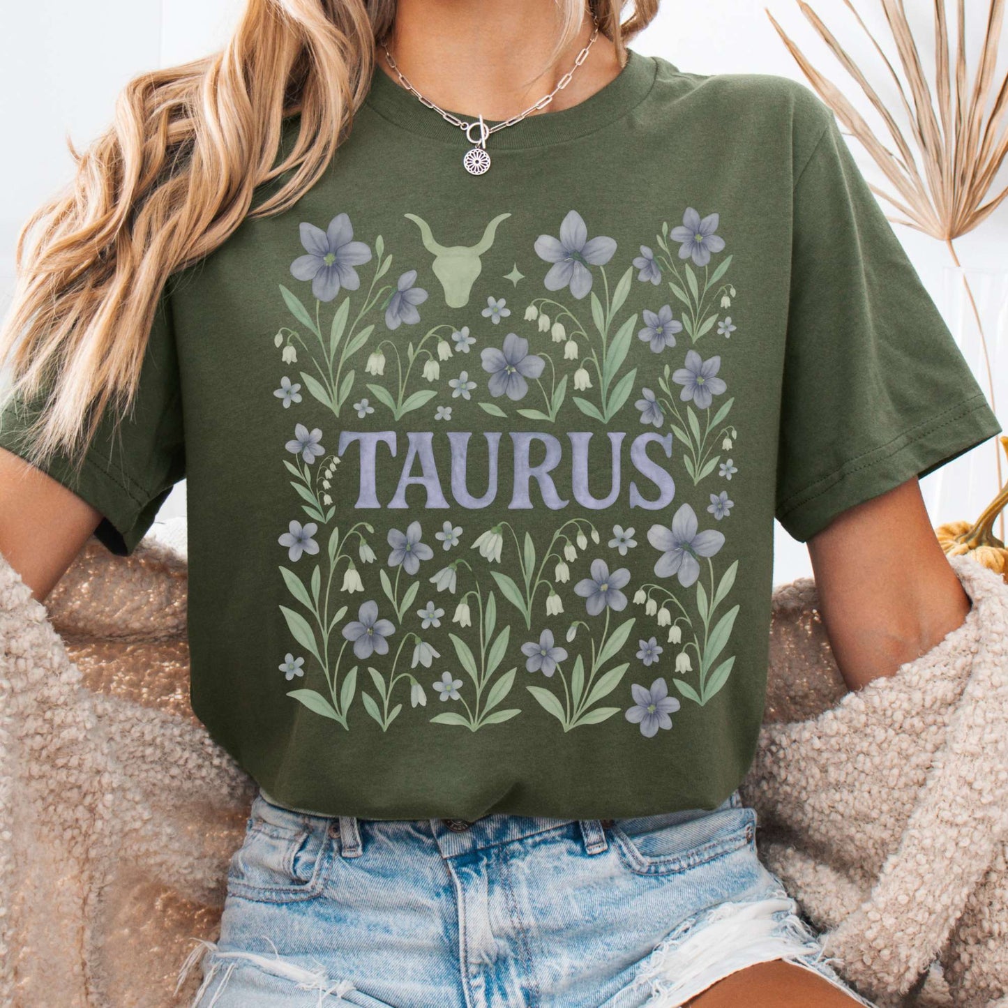 T-Shirt Military Green / S Taurus Bella T-Shirt – Retro Floral Zodiac Tee The Mystic Eden