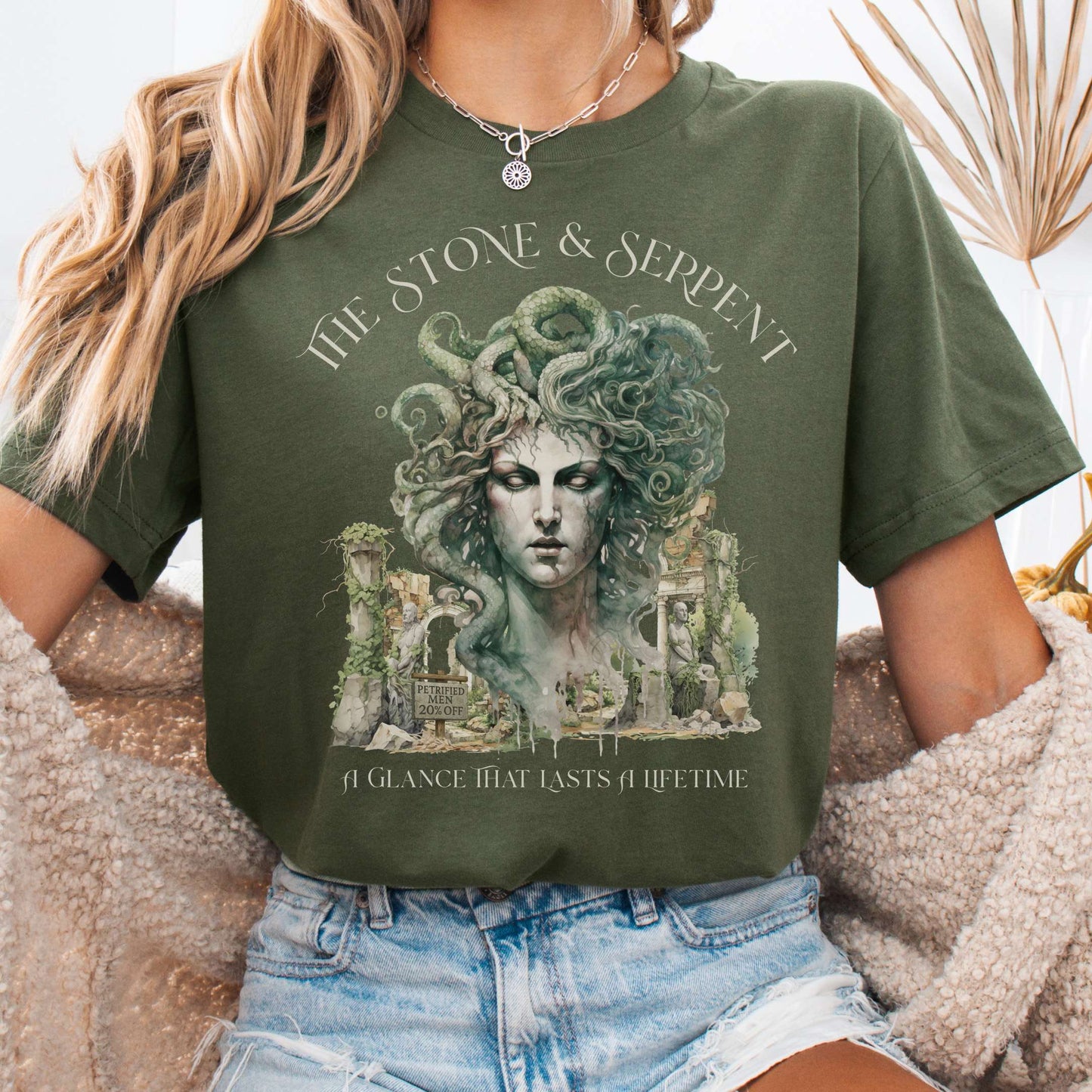 T-Shirt Military Green / S The Stone & Serpent Bella + Canvas Tee – Medusa Mythology Tee The Mystic Eden
